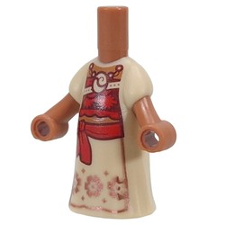 LEGO part 65203pr0021 Microdoll Body Long Dress Tan with Red Sash, Red/Dark Red Front, Copper Flowers print in Sienna Brown