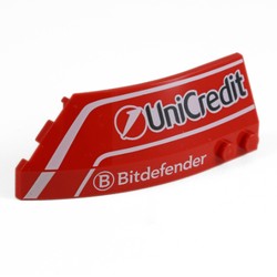 LEGO part 41749pr0004 Wedge Curved 8 x 3 x 2 Open Right with White Lines 'UniCredit', 'Bitdefender' print in Bright Red/ Red