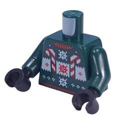 LEGO part 973c35h03pr0004 Torso, Candy Canes, Snow Flakes (Ugly Sweater) print, Dark Green Arms, Black Hands in Earth Green/ Dark Green