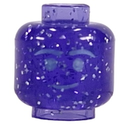 LEGO part 28621pr9966 Minifig Head, Silver Face print in Transparent Bluish Violet (Glitter) / Glitter Trans-Purple