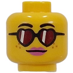 LEGO part 28621pr0068 Minifig Head, Bright Pink Lips, Open Mouth Smile / Heart-Shaped Glasses, Red Lenses in Bright Yellow/ Yellow