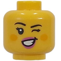 LEGO part 28621pr0073 Minifig Head Cute Witch, Bright Pink Lips, Cheeks, Open Mouth Smile / Wink in Bright Yellow/ Yellow