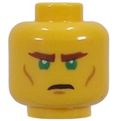 LEGO part 28621pr0074 Minifig Head Mysterious Ronin, Dark Orange Eyebrows, Cheek Lines, Green Eyes, Stern / Confused in Bright Yellow/ Yellow
