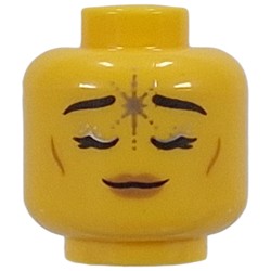LEGO part 28621pr0075 Minifig Head Unicorn Elf, Cheek Lines, Nougat Lips, Neutral / Closed Eyes, Silver Star in Bright Yellow/ Yellow