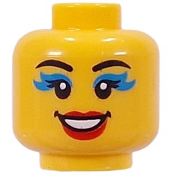 LEGO part 28621pr9489 Minifig Head Black Eyebrows, Dark Turquoise Eyeshadow, Red Lips, Open Mouth Smile / Scream in Bright Yellow/ Yellow