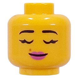 LEGO part 28621pr9491 Minifig Head Black Eyebrows, Eyelashes, Dark Pink Lips, Beauty Marks, Smirk / Closed Eyes in Bright Yellow/ Yellow