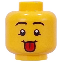 LEGO part 28621pr9493 Minifig Head Black Eyebrows, Tongue Sticking Out, Squint / Bandage, Open Mouth, Chipped Tooth in Bright Yellow/ Yellow