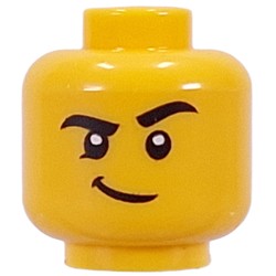 LEGO part 28621pr9499 Minifig Head Thick Black Eyebrows, Raised Eyebrow, Smirk / Open Mouth, Tongue Panting, Sweat in Bright Yellow/ Yellow