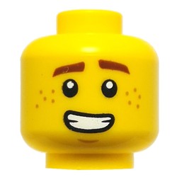 LEGO part 28621pr9507 Minifig Head Jay, Reddish Brown Eyebrows, Freckles, Open Mouth Smile / Angry Teeth in Bright Yellow/ Yellow