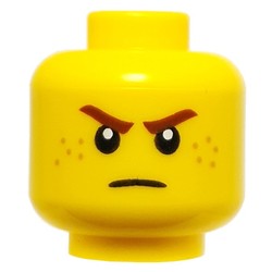 Minifig Head Rogue, Dark Red Eyebrows, Freckles, Angry Stare