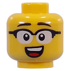 LEGO part 28621pr9773 Minifig Head White Glasses, Black Frame, Open Mouth Smile / Worried, Crooked Glasses, Scratch Marks in Bright Yellow/ Yellow