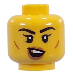 LEGO part 28621pr9774 Minifig Head Nougat Lips, Cheek Lines, Open Mouth Crooked Smile, Gold Tooth / Closed Mouth Crooked Smile in Bright Yellow/ Yellow