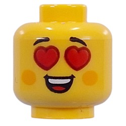 LEGO part 28621pr9775 Minifig Head Bright Light Orange Cheeks, Neutral Smile / Open Mouth, Red Hearts for Eyes in Bright Yellow/ Yellow