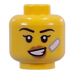 LEGO part 28621pr9776 Minifig Head White Bandage, Nougat Lips, Neutral Stern / Crooked Smile in Bright Yellow/ Yellow