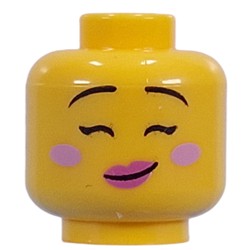 LEGO part 28621pr9778 Minifig Head Thin Black Eyebrows, Bright Pink Cheeks, Dark Pinks Lips, Open Mouth Crookes Smile/Close Eyes, Crooked Smile in Bright Yellow/ Yellow