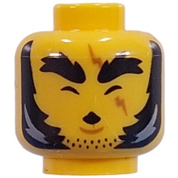 LEGO part 28621pr9781 Minifig Head, Thick Black Eyebrows, Sideburns, Stubbled Beard, Scar Across Eye, Mean Stare, Crooked Mouth with Fang / Closed Eyes, Whistling in Bright Yellow/ Yellow