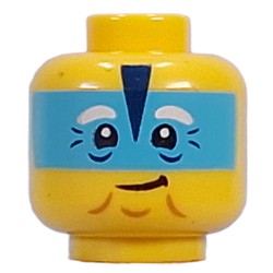 LEGO part 28621pr9899 Minifig Head Mrs. Castillo, Medium Azure Mask, White Eyebrows, Wrinkles, Closed Mouth Smile/Open Mouth Smile, Close Eyes in Bright Yellow/ Yellow