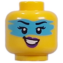 LEGO part 28621pr9903 Minifig Head Zoey, Dark Azure Face Paint, Dark Purple Lips, Lopsided Open Mouth Smile/Lopsided Grinn in Bright Yellow/ Yellow