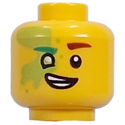 LEGO part 28621pr9906 Minifig Head Mateo, Lime Spot over Eye, Green Left, Dark Red Right Eyebrow, Lime Left Eye, Open Mouth Lopsided Smile/Lopsided Grin in Bright Yellow/ Yellow