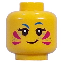 LEGO part 28621pr9908 Minifig Head Izzie, Magenta Face Paint, Silver Sparkles, Blue Eyebrows, Smirk/Open Mouth Smile in Bright Yellow/ Yellow