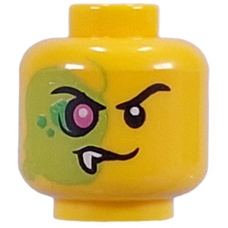 LEGO part 28621pr9965 Minifig Head Mutant Blacktron, Black Eyebrows, Right Side Lime, Dark Green Sports, Purple Eye, Fang in Bright Yellow/ Yellow