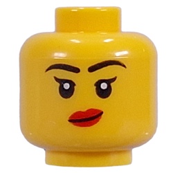 LEGO part 28621pr9968 Minifig Head, Black Eyebrows, Angry Scowl, Dark Red Lips print in Bright Yellow/ Yellow
