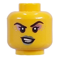 LEGO part 28621pr9973 Minifig Head Metal Pink Eyeshadow, Metal Blue Lips, Closed Mouth Smirk/Open Mouth Smirk in Bright Yellow/ Yellow