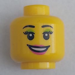 Minifig Head, Peach Lips, Open Mouth Smile, Black Eyebrows, Light Green Mascara Print