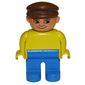 Duplo Figure, Early, with Flat Cap Brown, Blue Legs, no White in Eyes Print