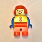 Duplo Figure, Early, Aviator Hat Red, Red Legs, with 2 Buttons, Blue Arms, Clown Face Paint