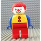 Duplo Figure, Early, with Short Parted Hair Red, Red Legs, Red Buttons, Blue Arms, and Clown Face Print