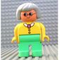 Duplo Figure, Early, Hair Bob Light Gray, Medium Green Legs, White Collar and Pink Pendant, Glasses Print
