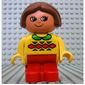 Duplo Figure, Early with Joined Legs Red, with Red and Green Geometric Print, Green Collar, and Brown Hair