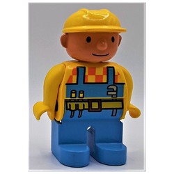 Duplo Figure, Early, Hard Hat Yellow, Medium Blue Legs, Yellow Top, Light Blue Overalls and Toolbelt Print (Bob The Builder)