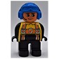 Duplo Figure, Early, Aviator Hat Blue, Black Legs, Orange Harness with Fire Badge, Headset Print