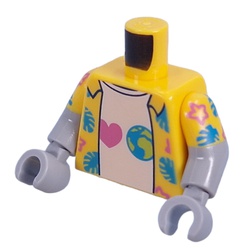 LEGO part 973g01c14h14pr0001 Torso, Dual Molded Arms with Open Hawaiian Shirt, White Shirt with Heart, Earth print, Yellow Sleeves Pattern, Light Bluish Gray Arms and Hands in Bright Yellow/ Yellow