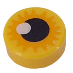 LEGO part 98138pr0417 Tile Round 1 x 1 with Eye, Orange Sun, Black Iris print in Bright Yellow/ Yellow