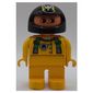 Duplo Figure, Early, Helmet Black, Yellow Legs, Green Suspenders and Black Bear Head Print