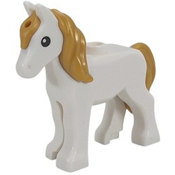 LEGO part 112958pr0002 Animal, Foal, Long Mane Pearl Gold with Black Eyes print in White