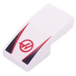 LEGO part 11477pr0039 Slope Curved 2 x 1 No Studs with Red HAAS Logo, Red Strips, Black Triangles print in White