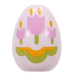 LEGO part 24946pr0003 Food Egg with 1.5mm Hole with Bright Pink Tulips, Bright Light Orange/Green Decorations print in White