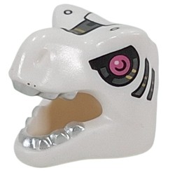 LEGO part 2523pr0003 Mask, T-Rex with Silver Teeth, Mechanical Eye, Metal Pink Iris print in White