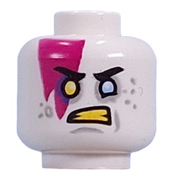 Minifig Head Madteo, Magenta Lightning Bolt, Yellow Left, Bright Light Blue Right Eye, Light Bluish Grey Eyeshadow, Spots, Yellow Teeth, Means Smile/Angry