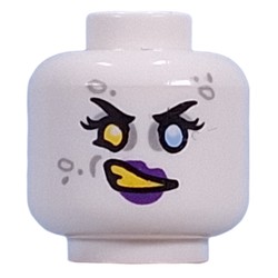 LEGO part 28621pr9900 Minifig Head Doey, Yellow Left, Bright Light Blue Right Eye, Light Bluish Grey Eyeshadow, Spots, Dark Purple Lips, Yellow Teeth, Angry Grin/Smile in White