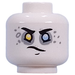 LEGO part 28621pr9902 Minifig Head Dooper, Yellow Left, Bright Light Blue Right Eye, Light Bluish Grey Eyeshadow, Spots, Yellow Teeth Smile/Lopsided Smirk in White