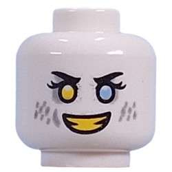 LEGO part 28621pr9907 Minifig Head Dizzy, Yellow Left, Bright Light Blue Right Eye, Light Bluish Grey Eyeshadow, Spots, Yellow Teeth, Mean Smile/Angry Grin in White