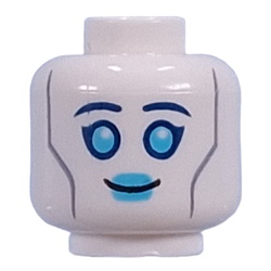 LEGO part 28621pr9971 Minifig Head Droid, Dark Blue Eyebrows, Dark Turquoise Eyes, Lips, Silver Lines, Plug on Back in White