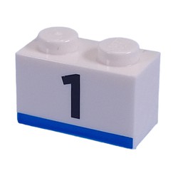 Brick 1 x 2 with Black '1', Blue Stripe print