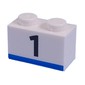 Brick 1 x 2 with Black '1', Blue Stripe print