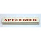 Brick 1 x 8 without Bottom Tubes with Cross Side Supports with 'SPECERIER' Dark Red Print